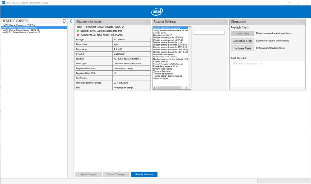 Interface gestion NIC Intel sous W10pro, avec la carte X520-DA2 en 10GBits/s Full Duplex.