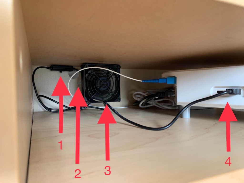 1. interrupteur du ventilateur mis au double face pour le choix des vitesses 0=off 1=2000/tpm 2=2500/tpm 3=2900/tpm <br /> j’y accède par les trous que j’ai fait au fond du meuble avec 1 doigt.<br /><br />2.  trois trous en mèche de 25mm  pour faire échapper l air chaud du serveur par le ventilateur en extraction.<br /><br />3.  ventilateurs fixées par le haut avec un double face, car l air chaud sort par les grilles en haut du serveur a l arriere (puis comme ça il ne bouge pas)<br /><br />4. ventilateur branché sur le port USB du serveur.