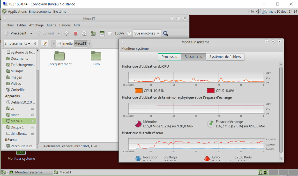 Ressources VM freebox avec environnement graphique - pi hole - plex en fonctionnement.