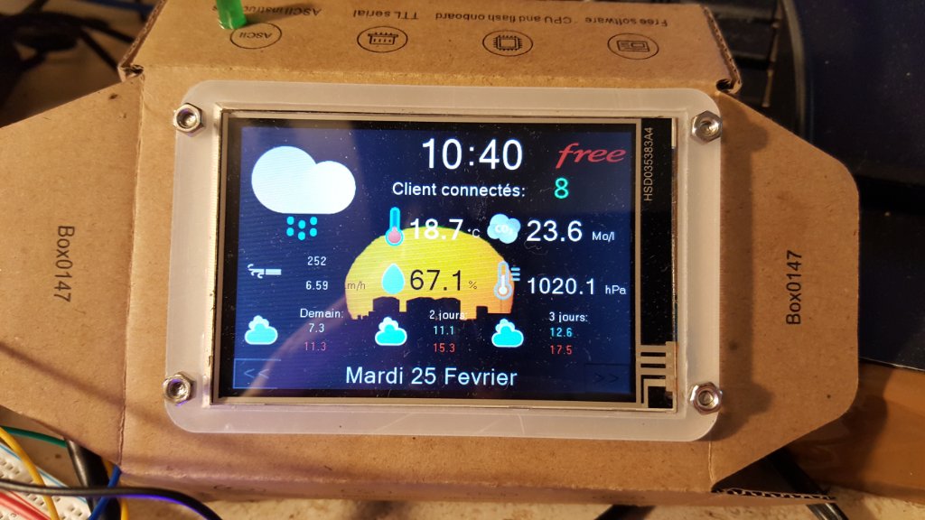 Affichage sur ecran Nextion en wifi des informations de home assistant installé sur Freebox Delta. Page météo (les logos sur trois jours ne sont pas encore fonctionnels).