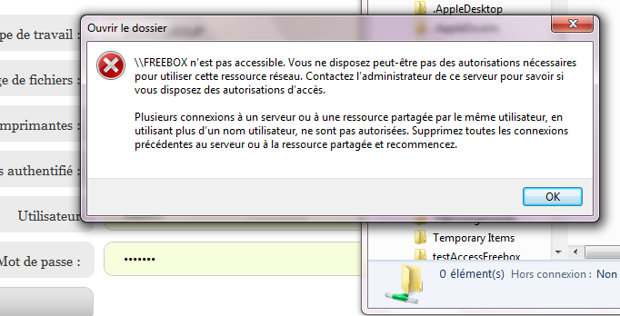 Message erreur windows 7 après activation de l'authentification pour le partage de fichiers windows