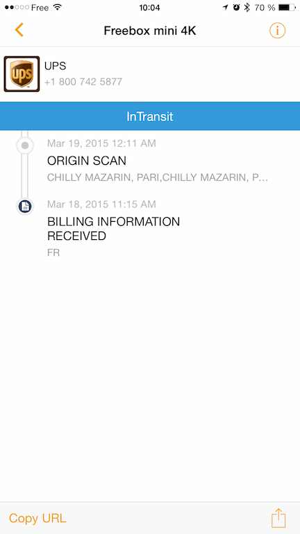 État du tracking UPS